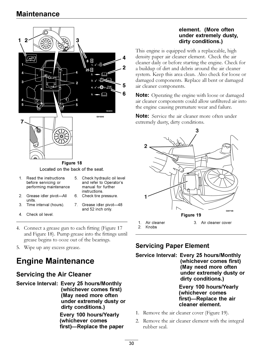 Exmark 4500-450 manual Engine Maintenance, Servicing the Air Cleaner, Servicing Paper Element 