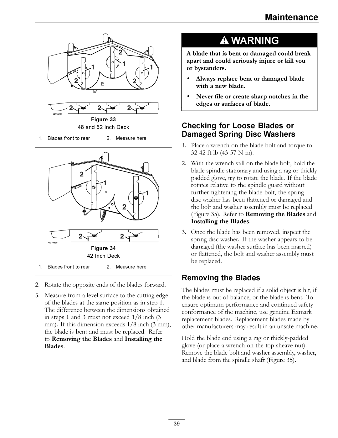 Exmark 4500-450 manual Removing the Blades, Checking for Loose Blades or Damaged Spring Disc Washers 