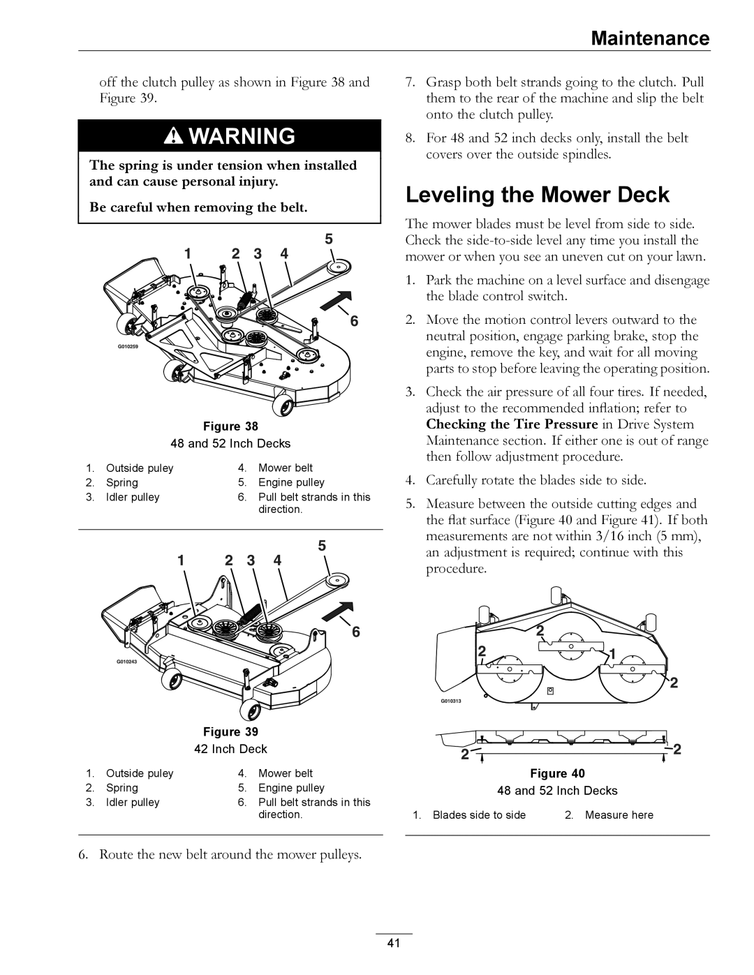 Exmark 4500-450 manual Leveling the Mower Deck, Off the clutch pulley as shown in and Figure 