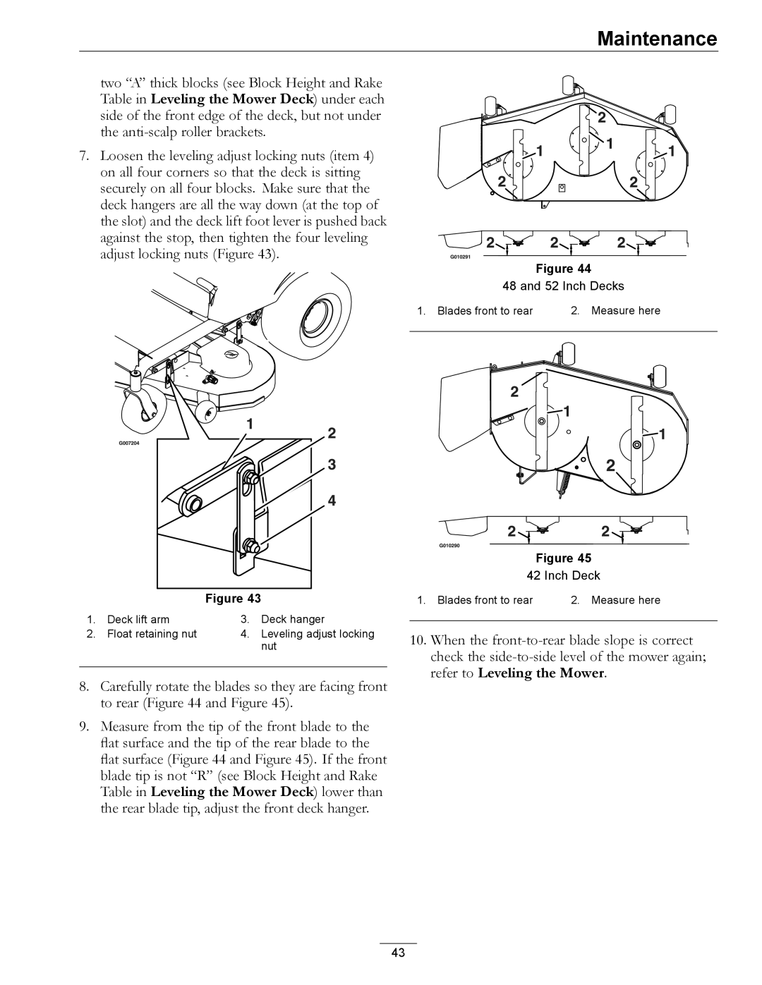 Exmark 4500-450 manual Deck lift arm Deck hanger Float retaining nut 