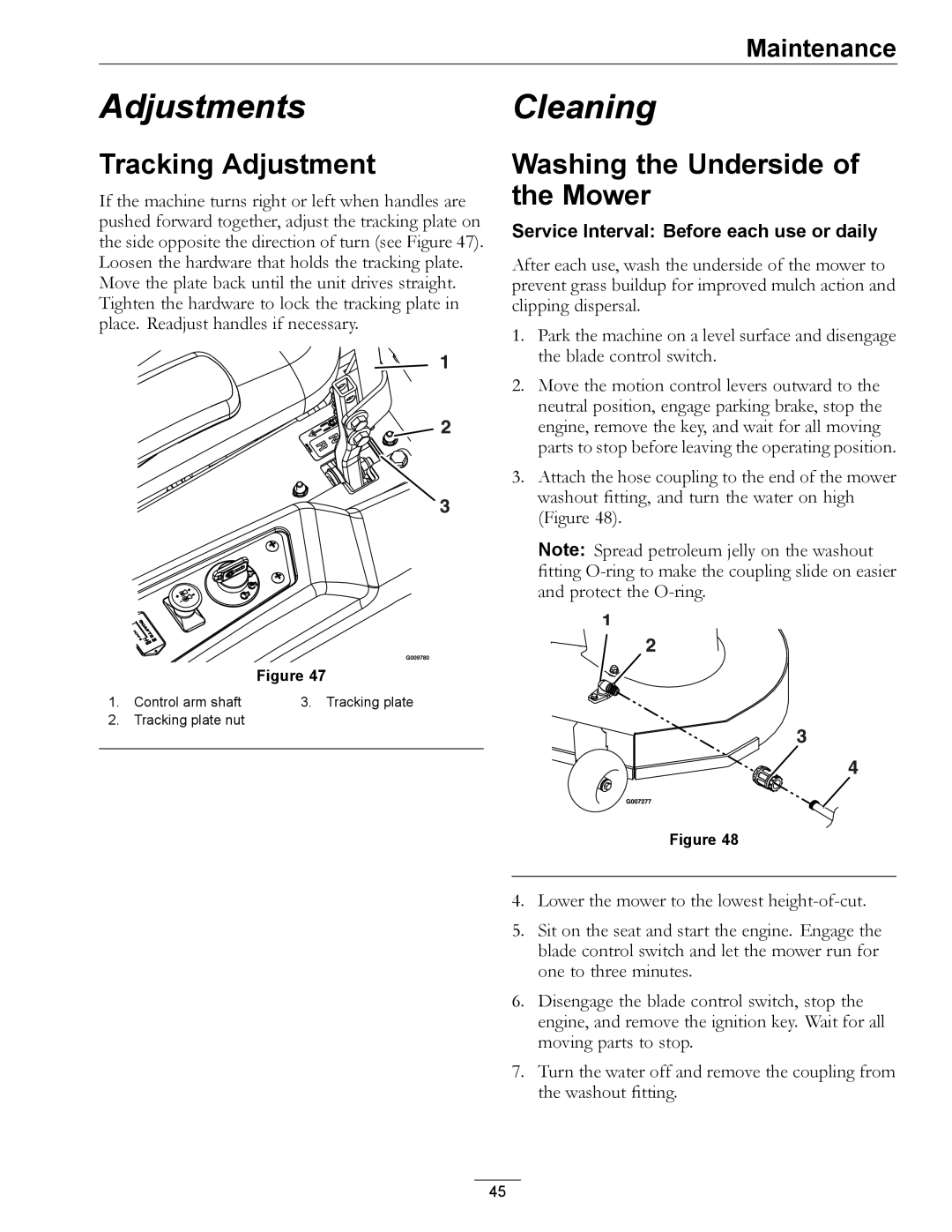 Exmark 4500-450 manual Tracking Adjustment, Washing the Underside of the Mower 