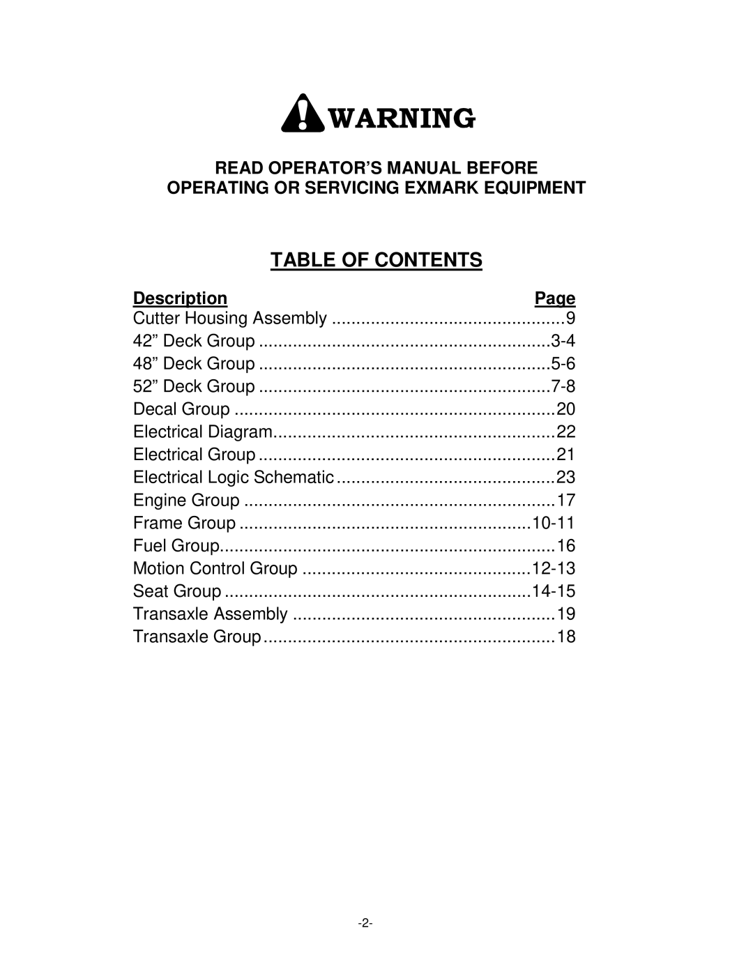 Exmark 4500-451 manual Table of Contents 