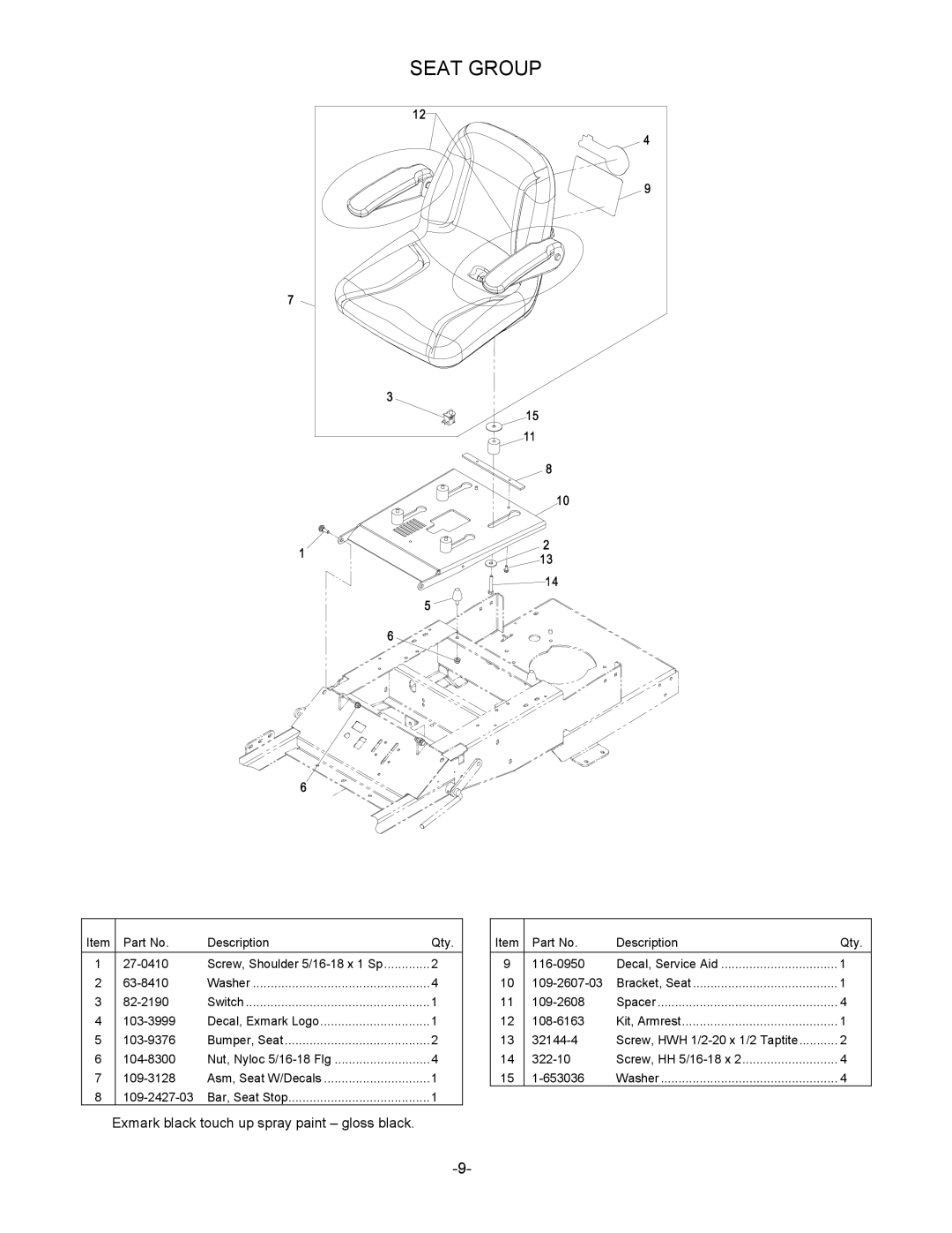 Exmark 4500-461 manual Seat Group 