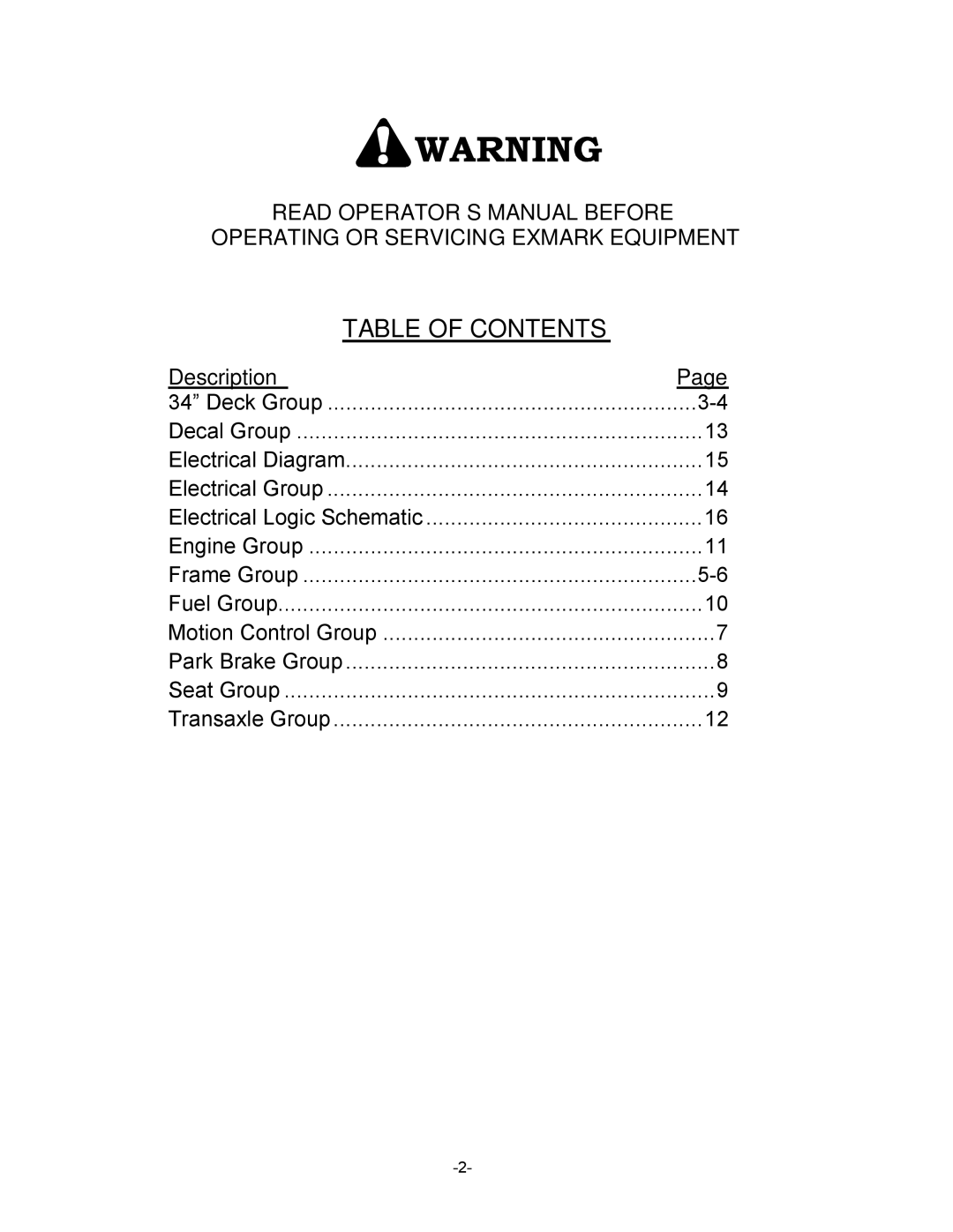 Exmark 4500-461 manual Table of Contents 