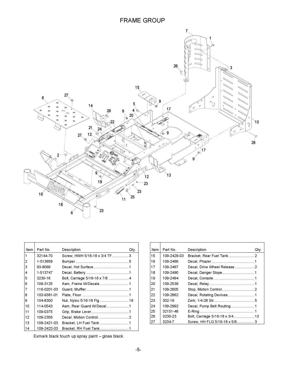 Exmark 4500-461 manual Frame Group, Exmark black touch up spray paint gloss black 