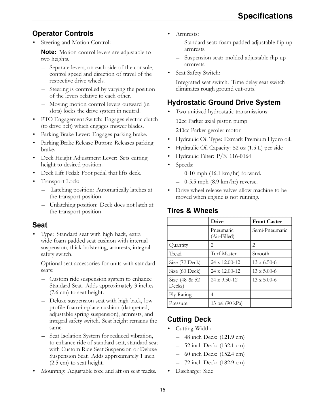 Exmark 4500-466 manual Operator Controls, Seat, Hydrostatic Ground Drive System, Tires & Wheels, Cutting Deck 