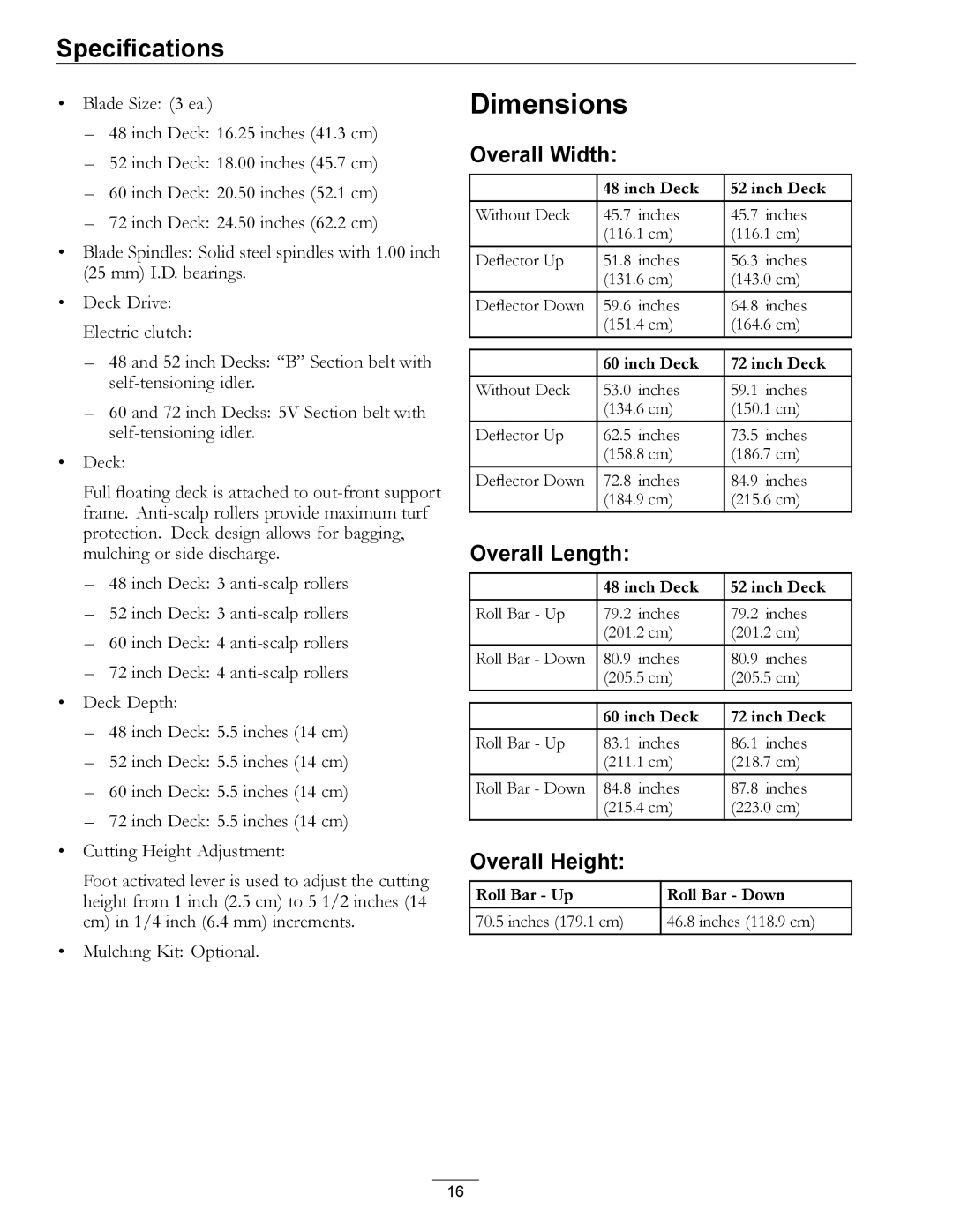 Exmark 4500-466 manual Dimensions, Overall Width, Overall Length, Overall Height 