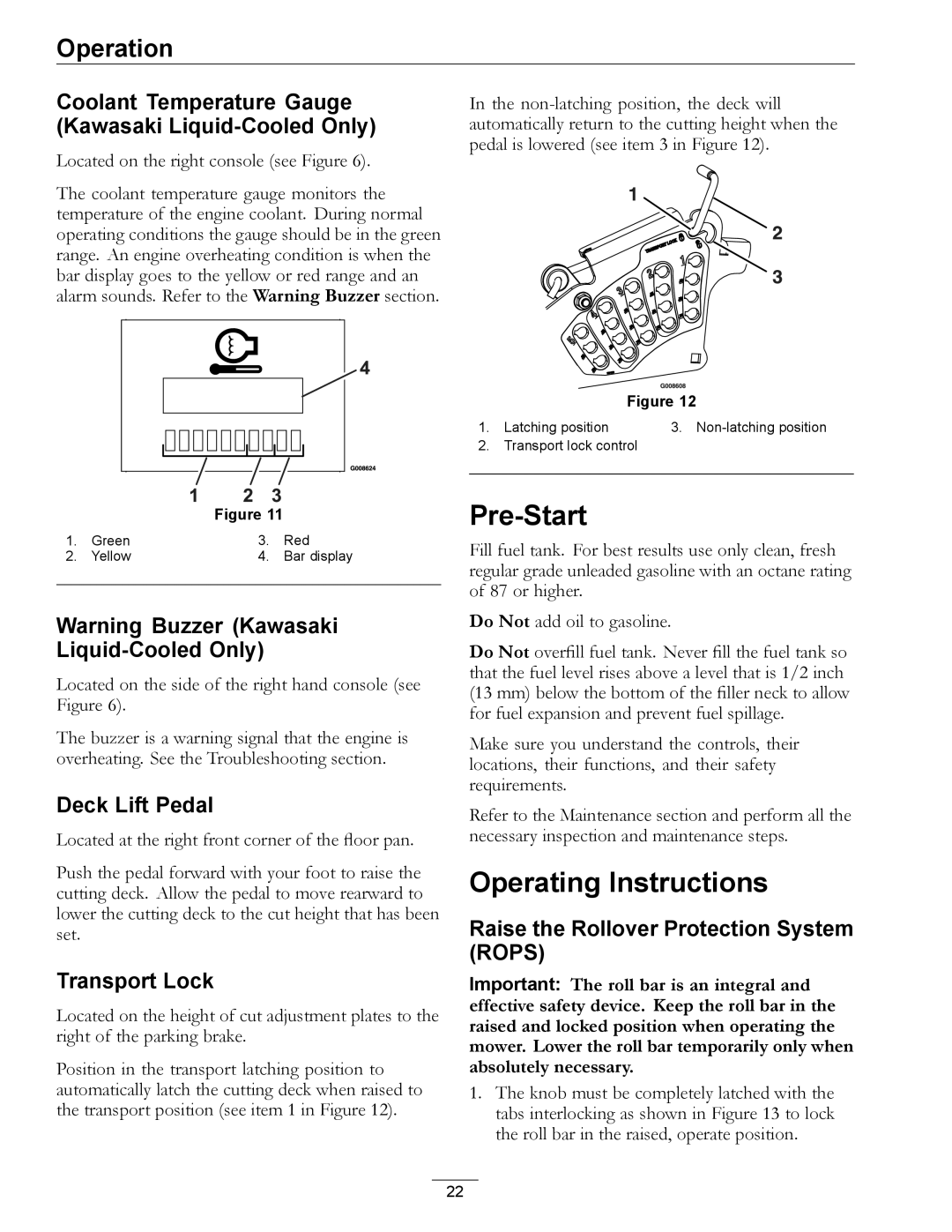 Exmark 4500-466 manual Pre-Start, Operating Instructions, Deck Lift Pedal, Transport Lock 