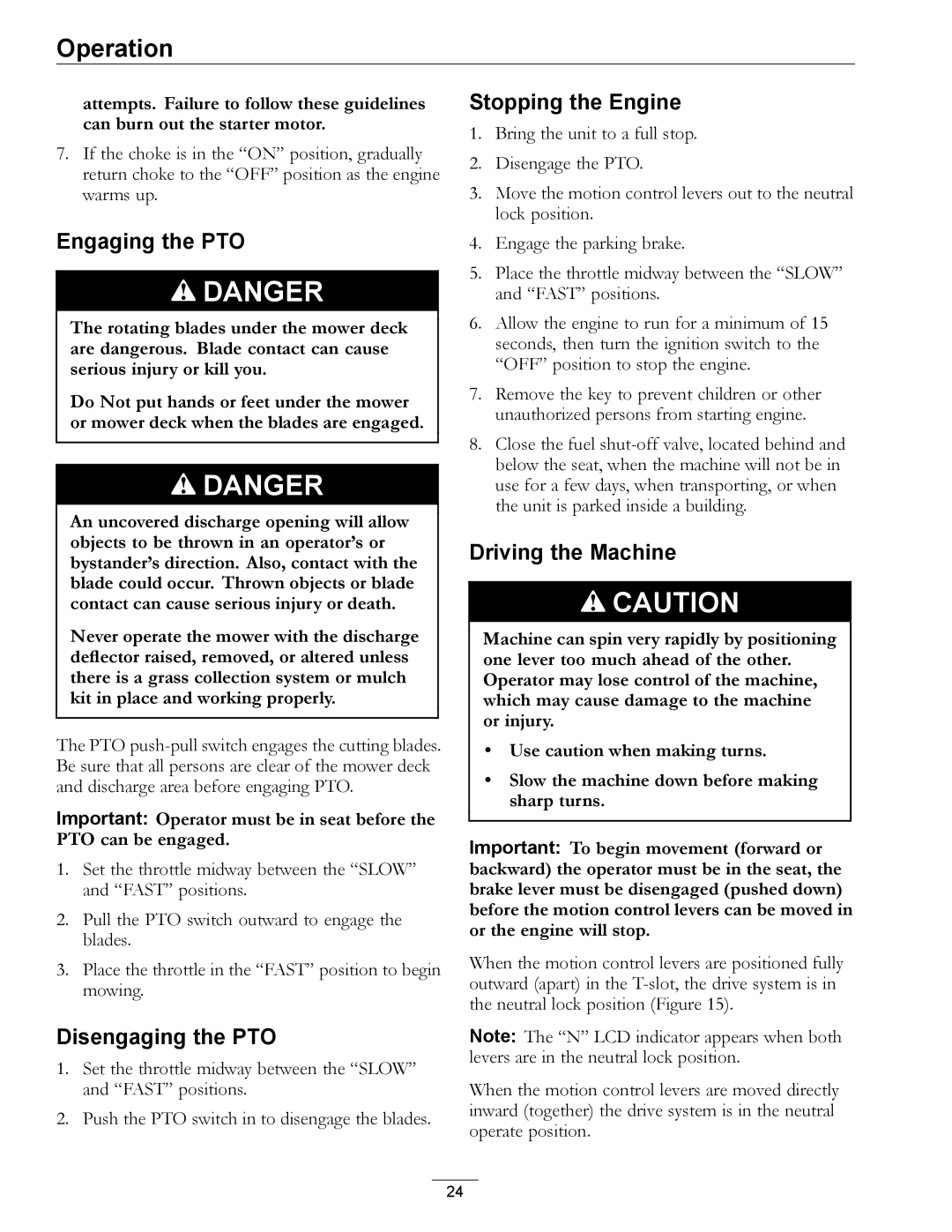 Exmark 4500-466 manual Engaging the PTO, Disengaging the PTO, Stopping the Engine, Driving the Machine 