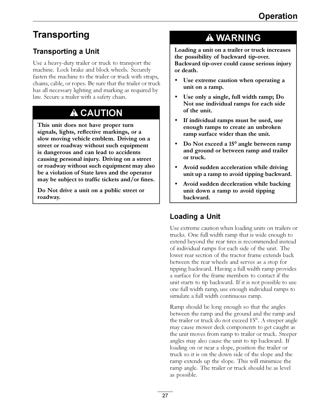 Exmark 4500-466 manual Transporting a Unit, Loading a Unit 