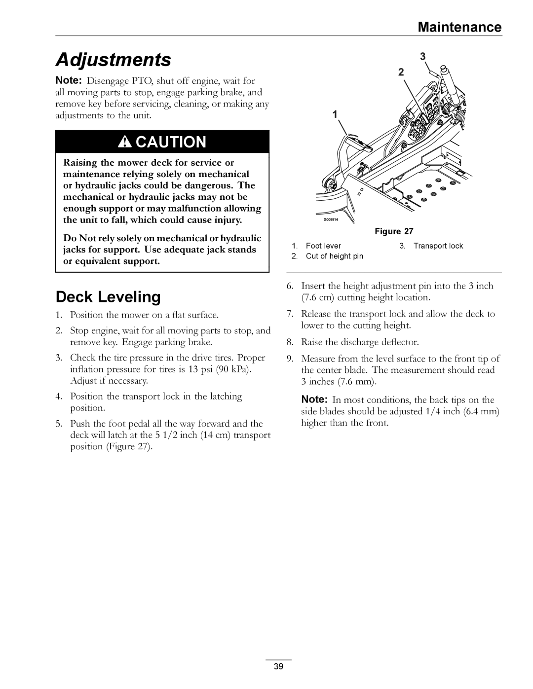 Exmark 4500-466 manual Adjustments, Deck Leveling 