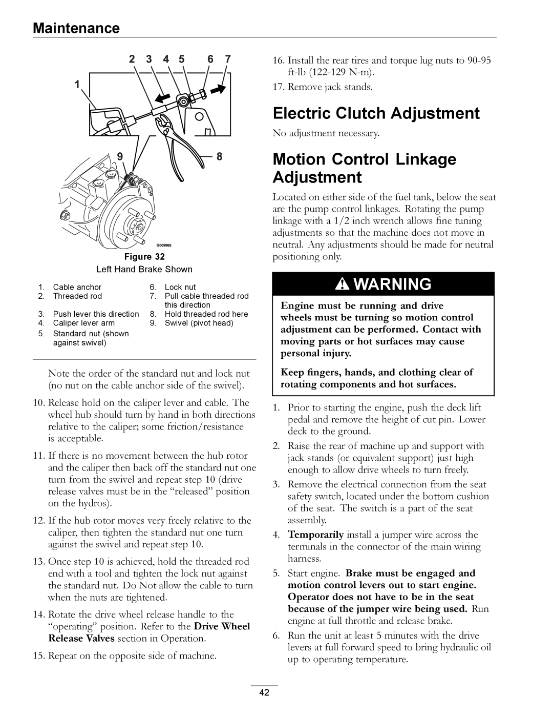 Exmark 4500-466 manual Electric Clutch Adjustment, Motion Control Linkage Adjustment 