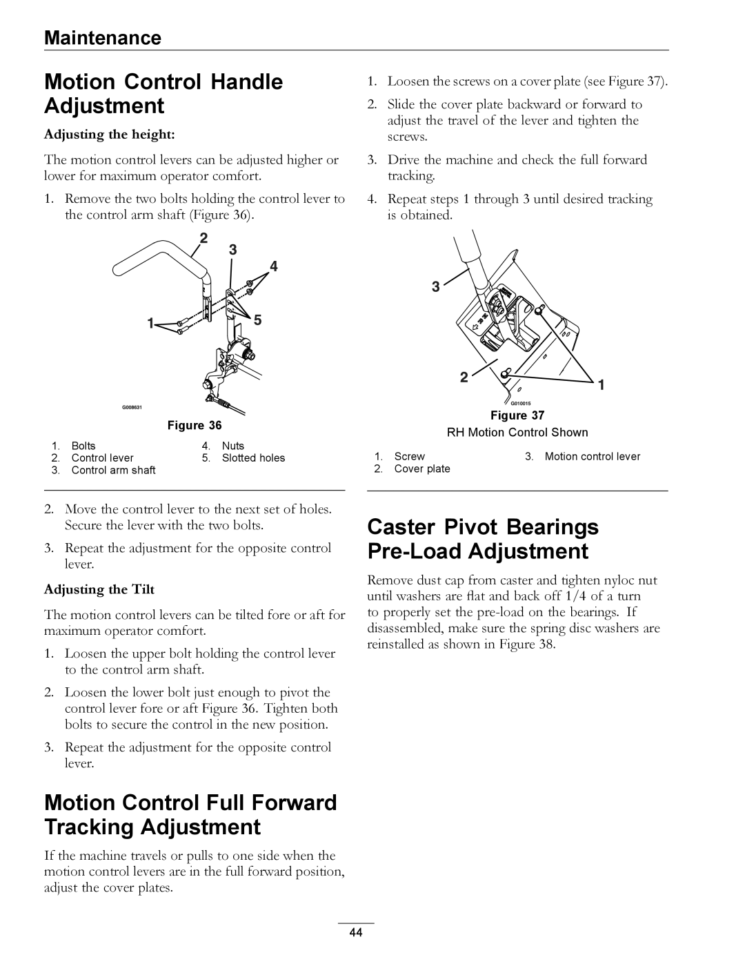 Exmark 4500-466 manual Motion Control Handle Adjustment, Caster Pivot Bearings Pre-Load Adjustment 