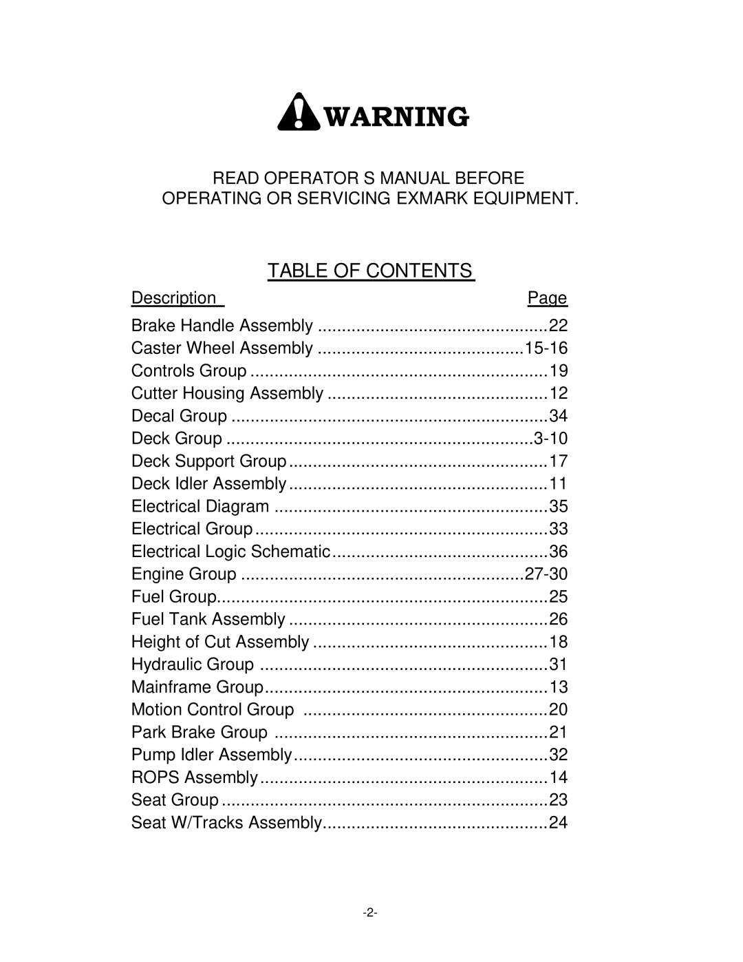 Exmark 4500-484 manual Table of Contents 