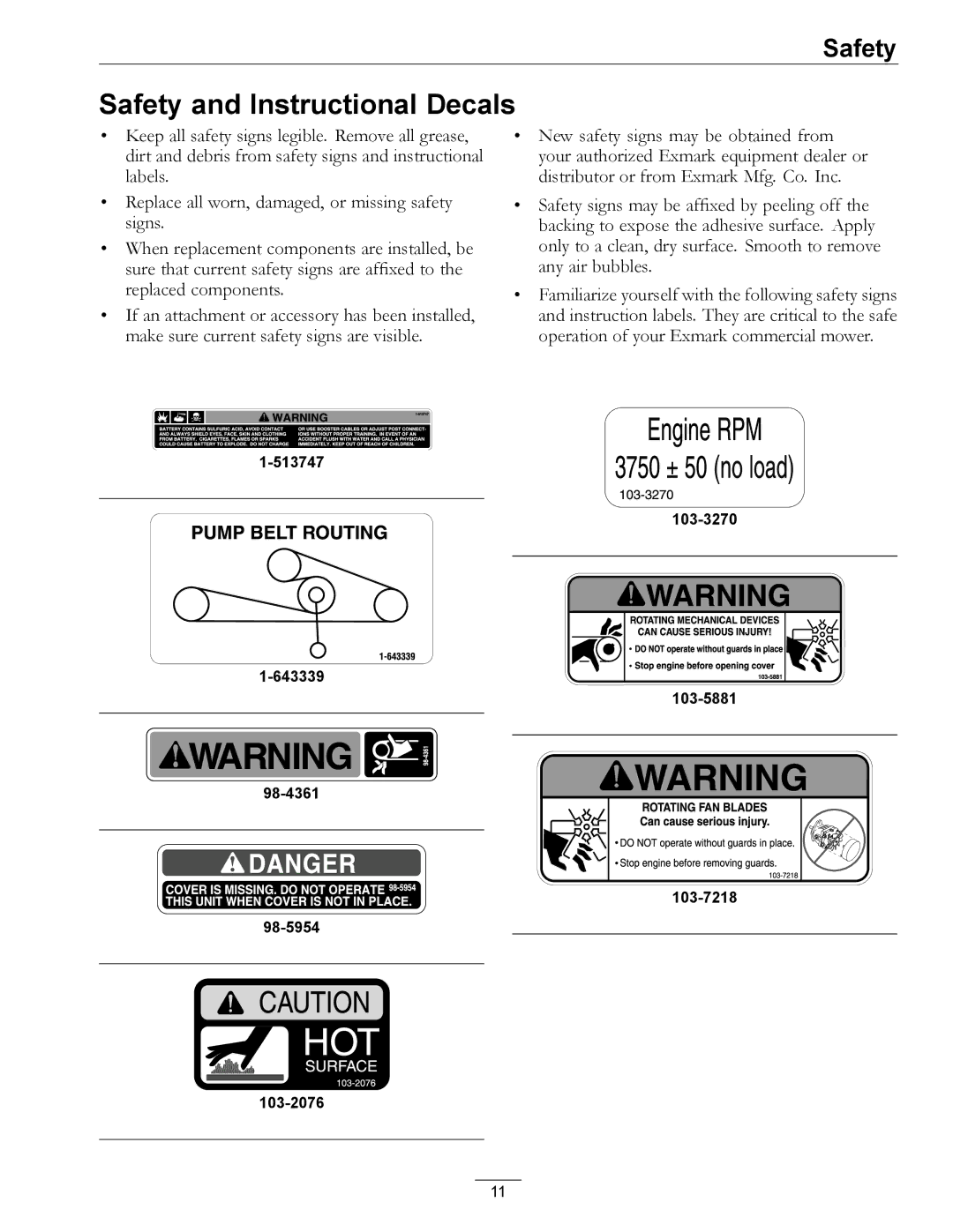 Exmark 4500-497 manual Safety and Instructional Decals 