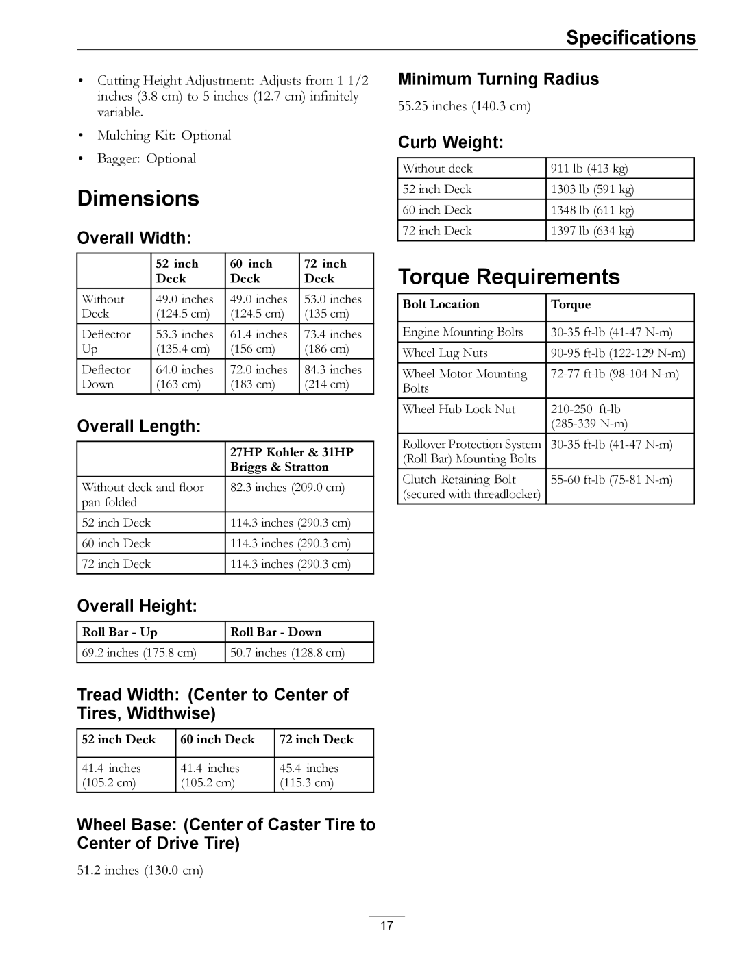 Exmark 4500-497 manual Dimensions, Torque Requirements 