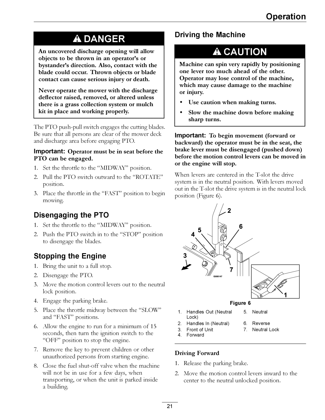 Exmark 4500-497 manual Driving the Machine, Disengaging the PTO, Stopping the Engine 