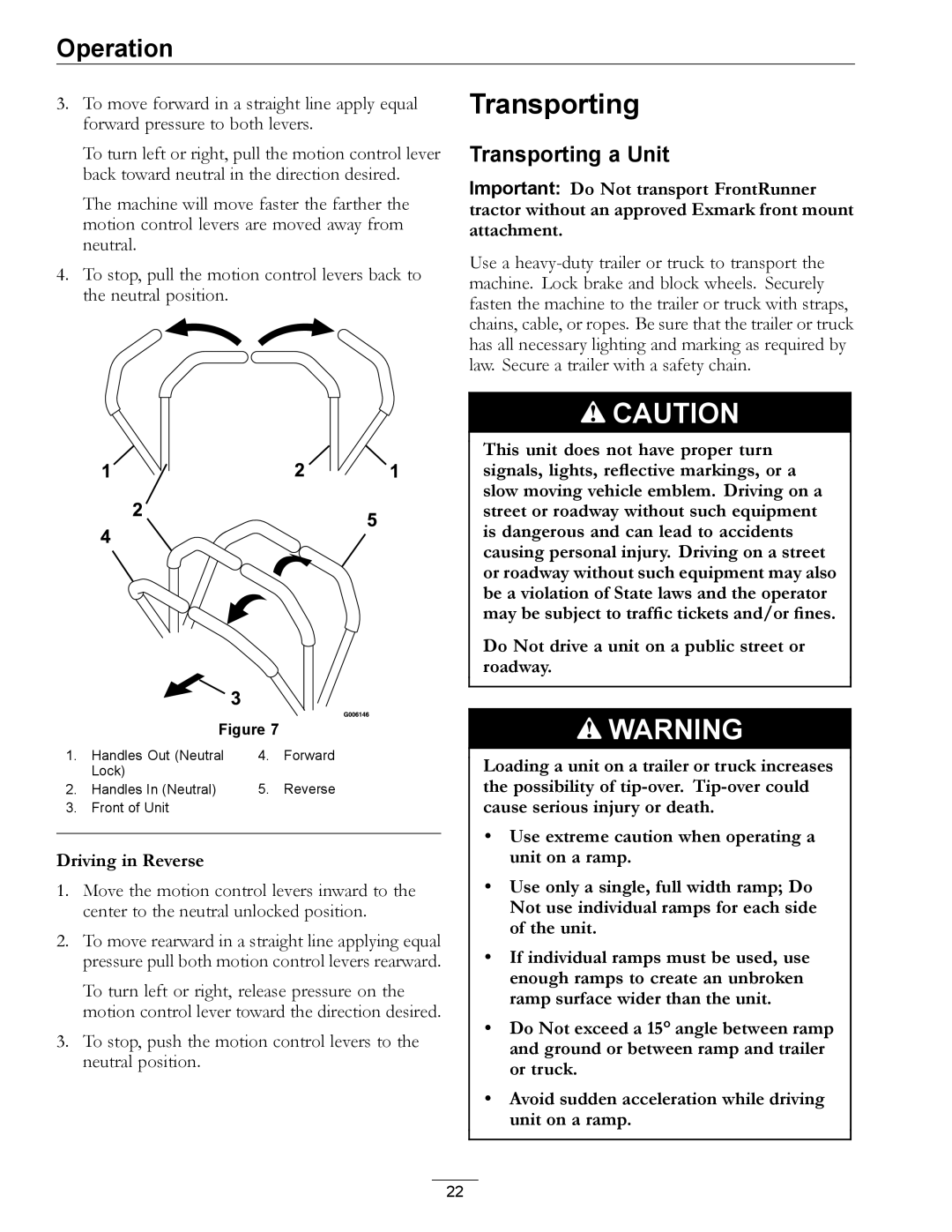 Exmark 4500-497 manual Transporting a Unit 