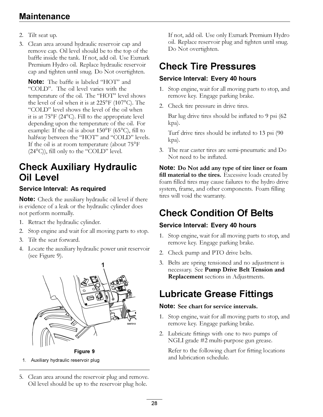 Exmark 4500-497 manual Check Auxiliary Hydraulic Oil Level, Check Tire Pressures, Check Condition Of Belts 