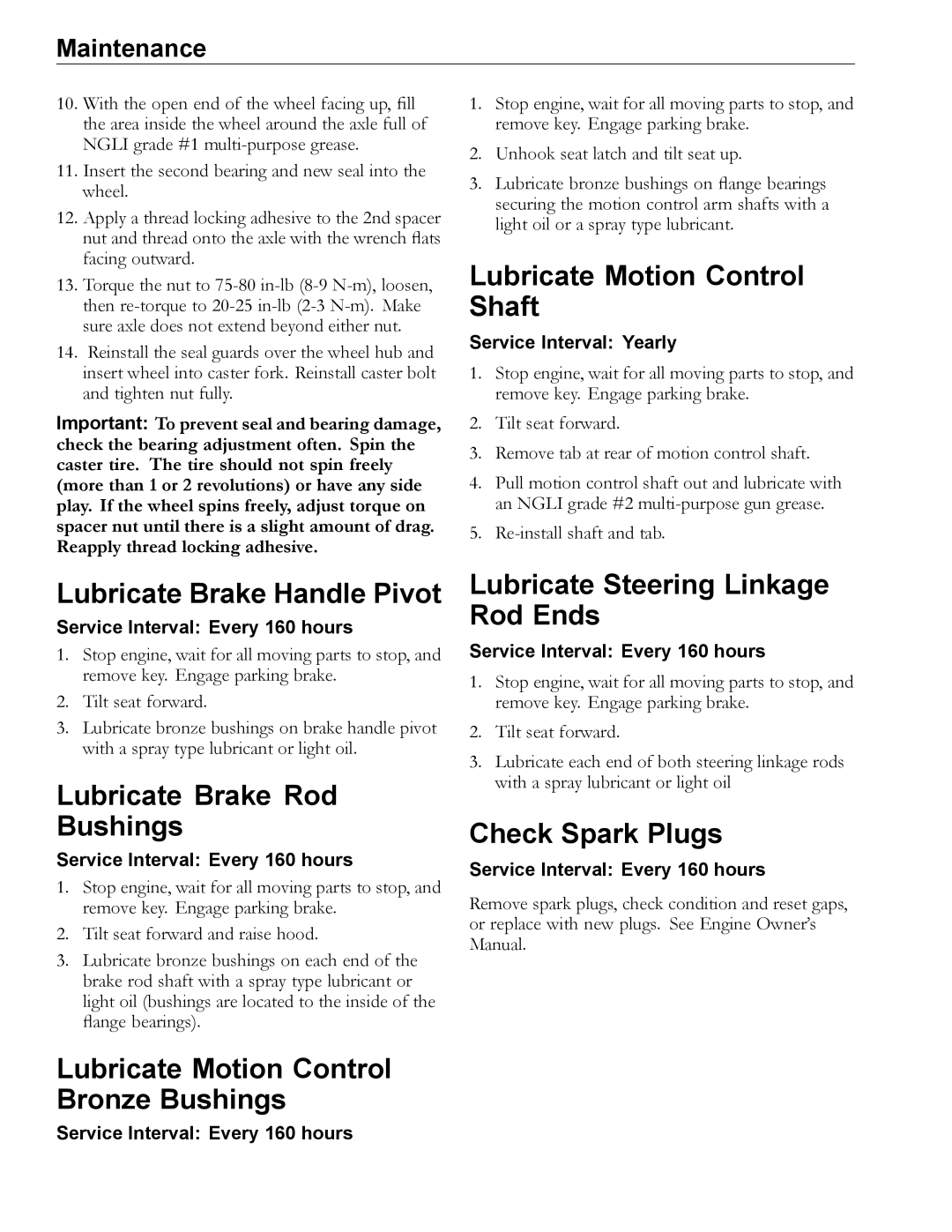 Exmark 4500-497 manual Lubricate Motion Control Shaft, Lubricate Brake Handle Pivot, Lubricate Brake Rod Bushings 