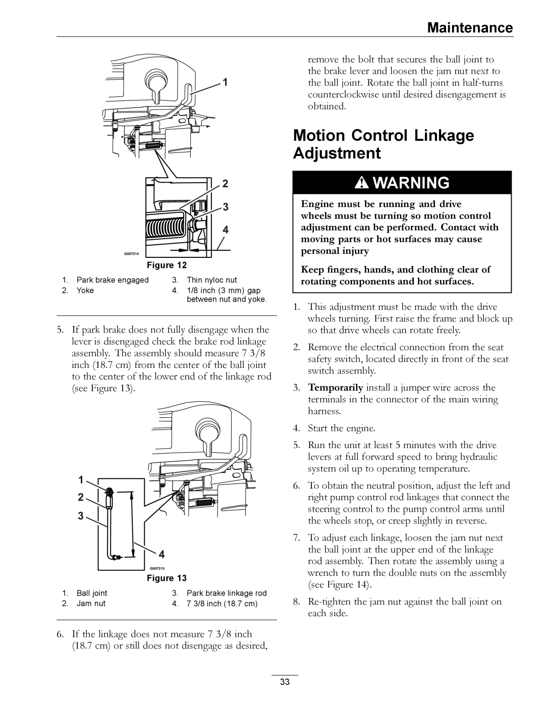 Exmark 4500-497 manual Motion Control Linkage Adjustment 