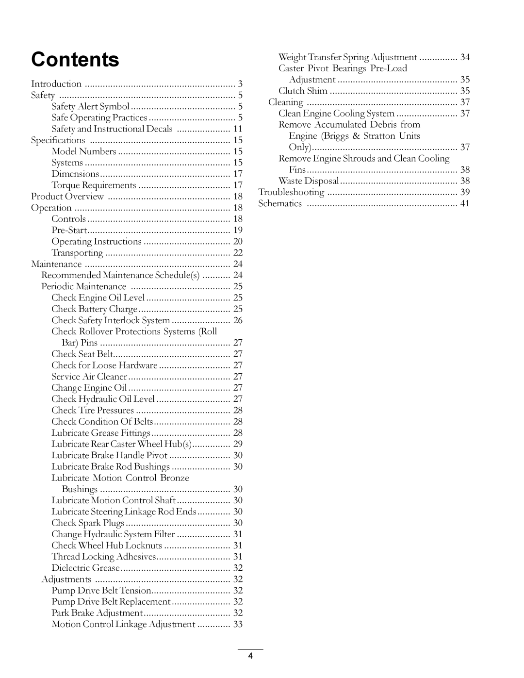 Exmark 4500-497 manual Contents 