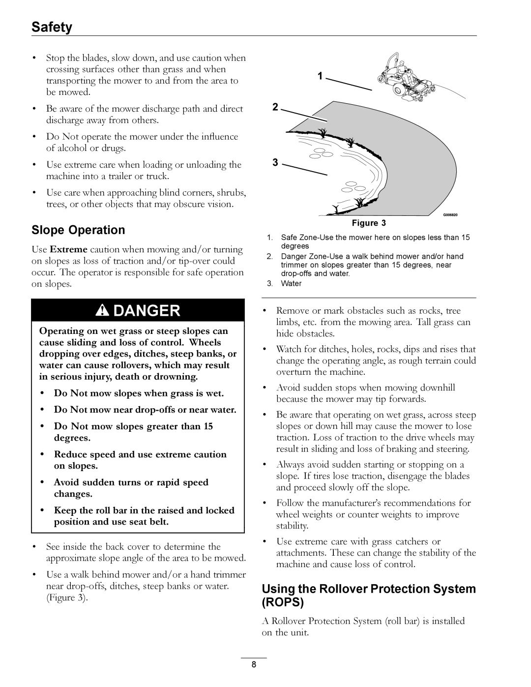 Exmark 4500-497 manual Slope Operation, Using the Rollover Protection System Rops 