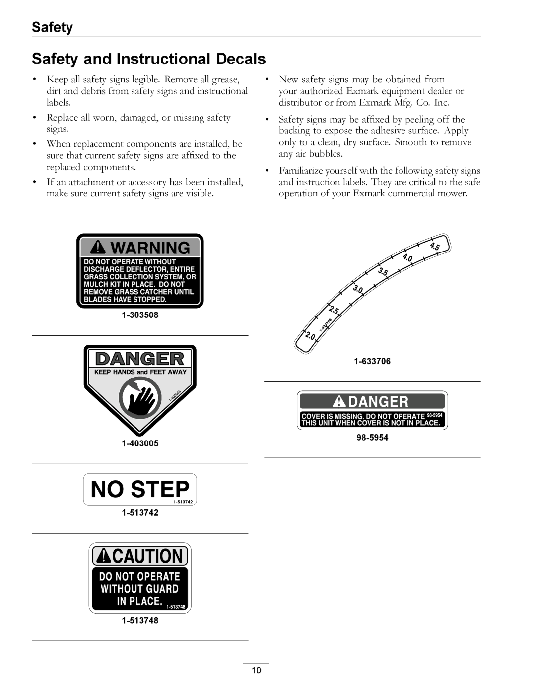 Exmark 4500-501 Rev A manual Safety and Instructional Decals 