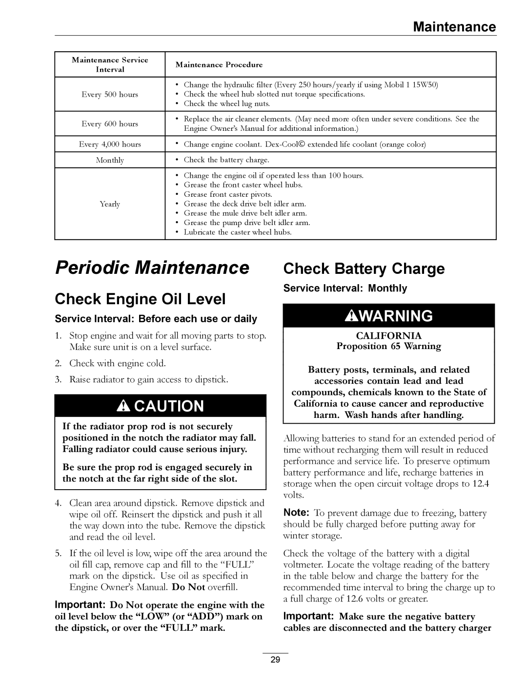 Exmark 4500-501 Rev A manual Check Engine Oil Level, Check Battery Charge 