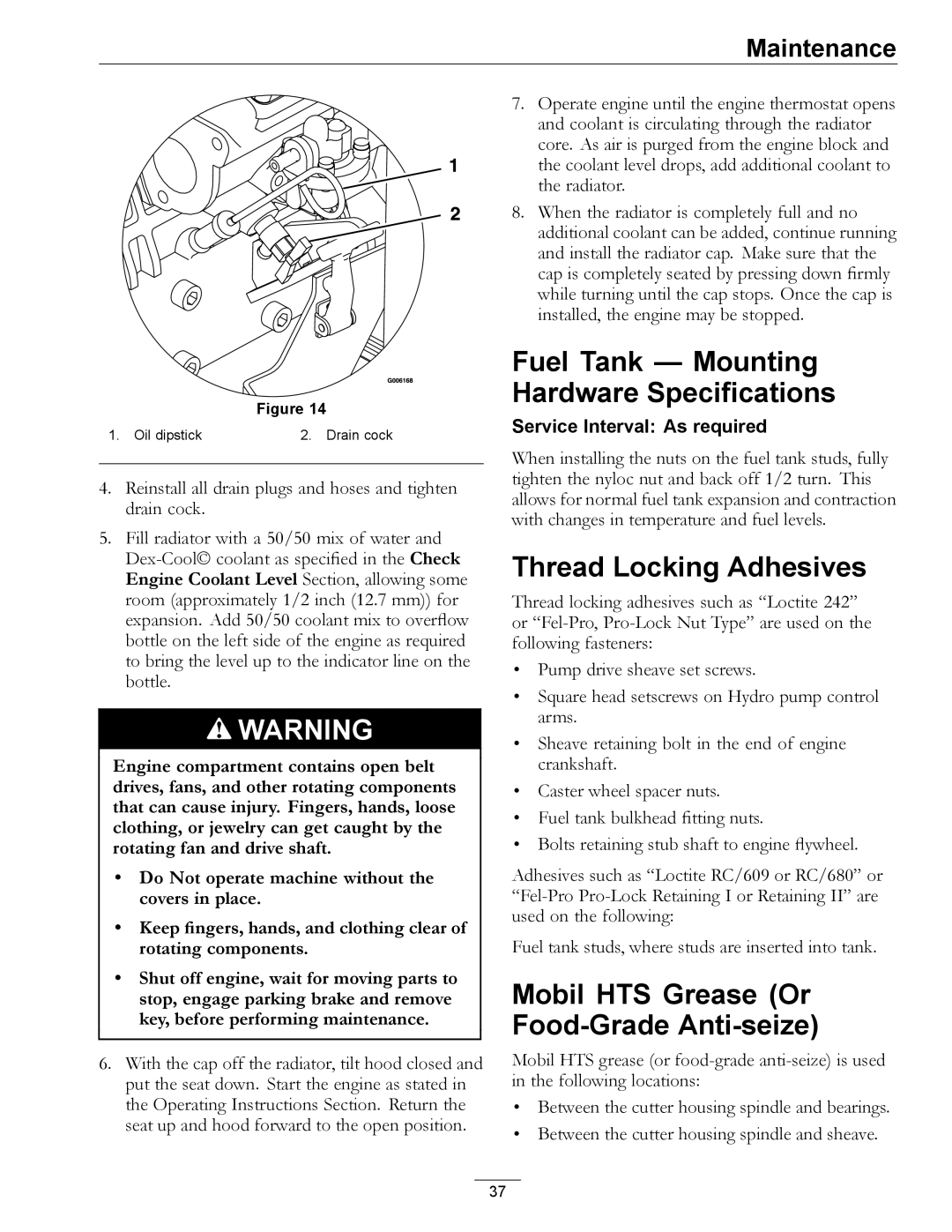 Exmark 4500-501 Rev A manual Fuel Tank Mounting Hardware Specifications, Thread Locking Adhesives 