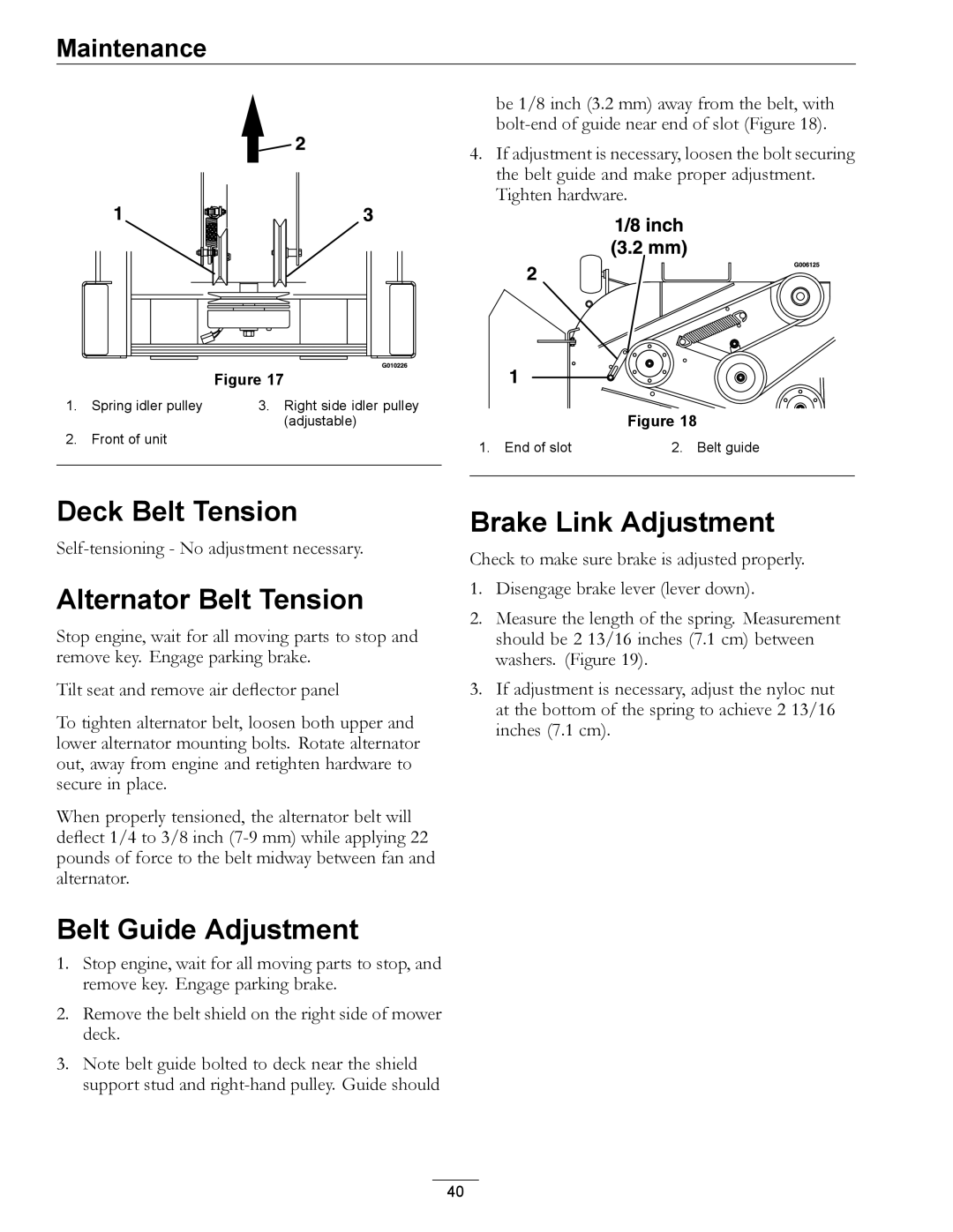 Exmark 4500-501 Rev A manual Deck Belt Tension, Alternator Belt Tension, Belt Guide Adjustment, Brake Link Adjustment 