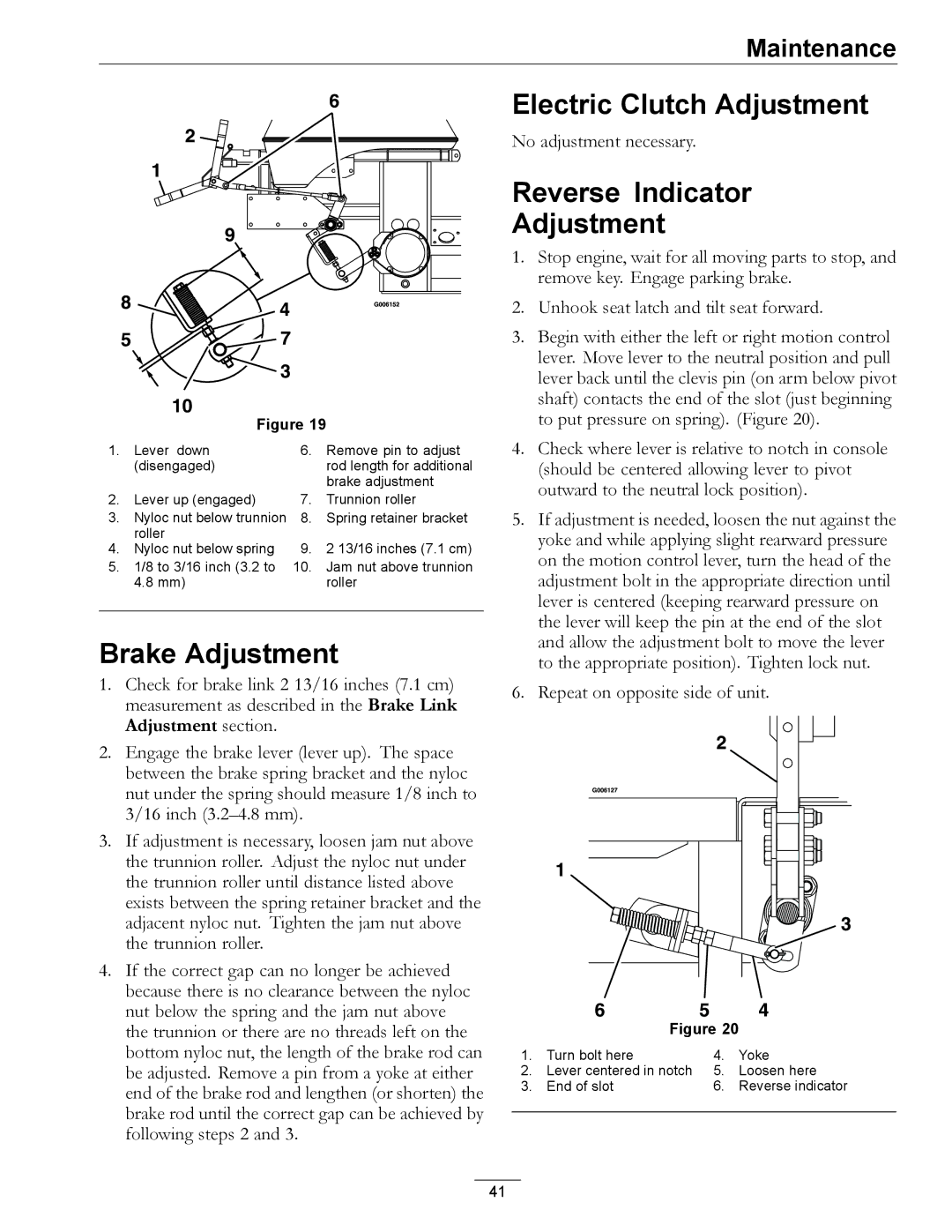 Exmark 4500-501 Rev A manual Brake Adjustment, Electric Clutch Adjustment, Reverse Indicator Adjustment 