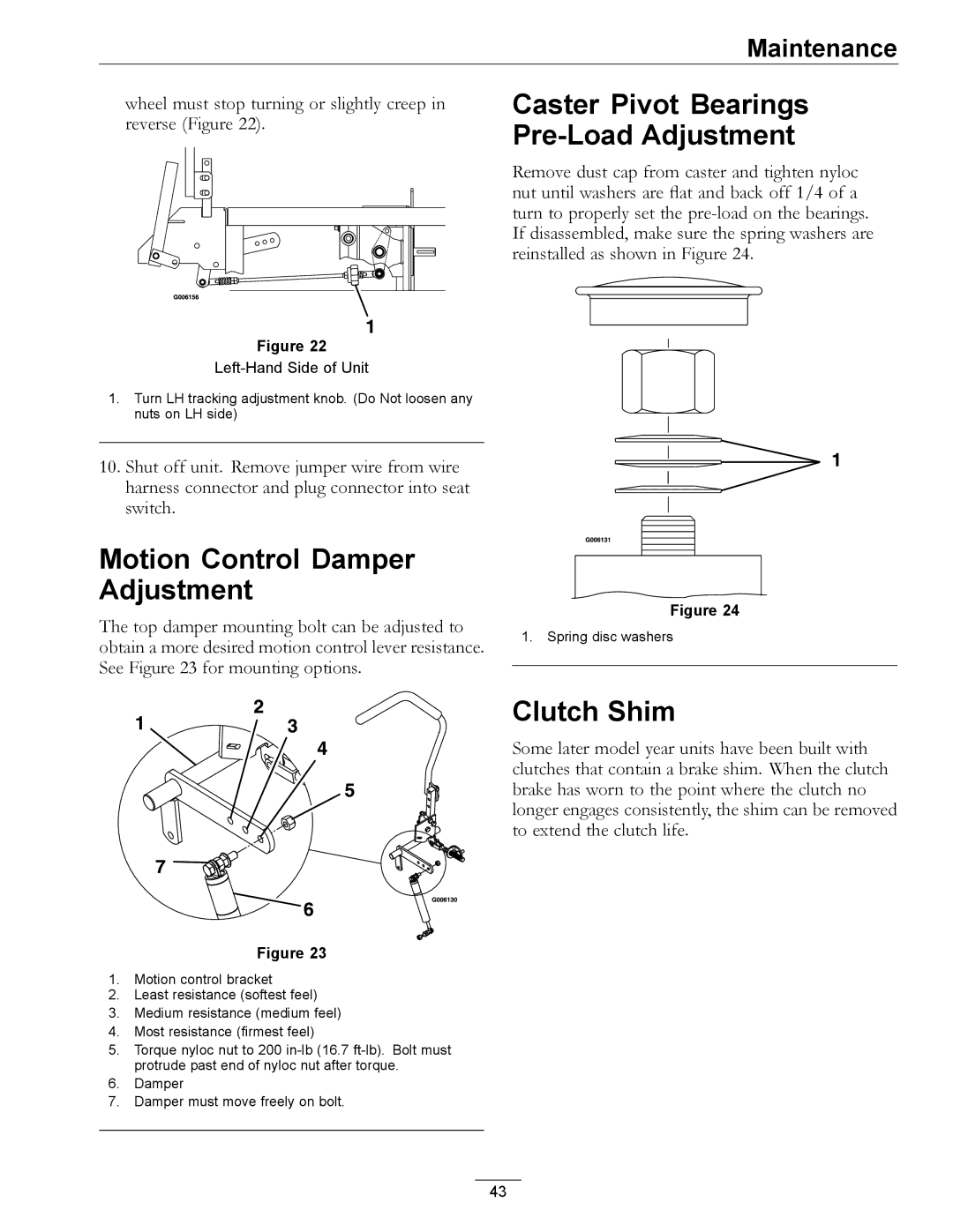 Exmark 4500-501 Rev A manual Caster Pivot Bearings Pre-Load Adjustment, Motion Control Damper Adjustment, Clutch Shim 