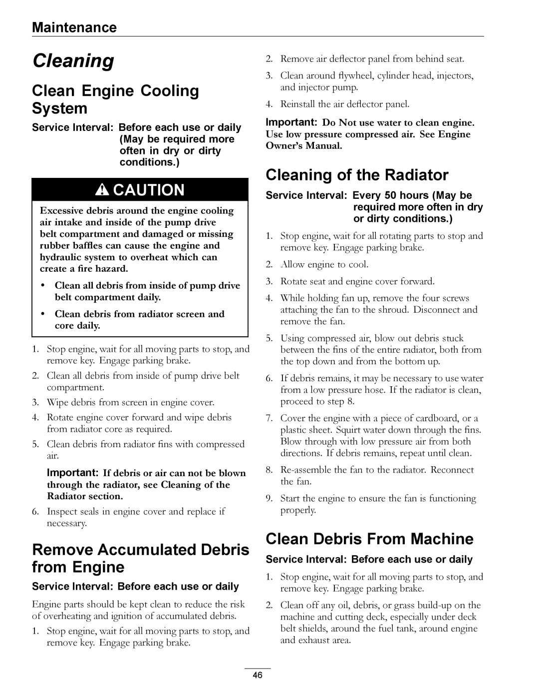 Exmark 4500-501 Rev A manual Clean Engine Cooling System, Remove Accumulated Debris from Engine, Cleaning of the Radiator 