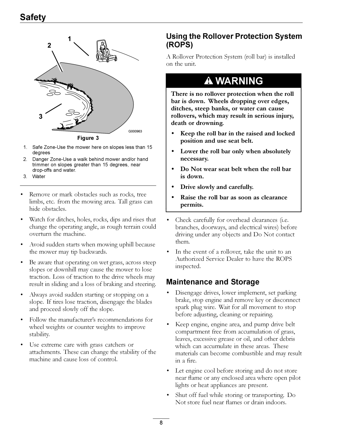 Exmark 4500-501 Rev A manual Using the Rollover Protection System Rops, Maintenance and Storage 