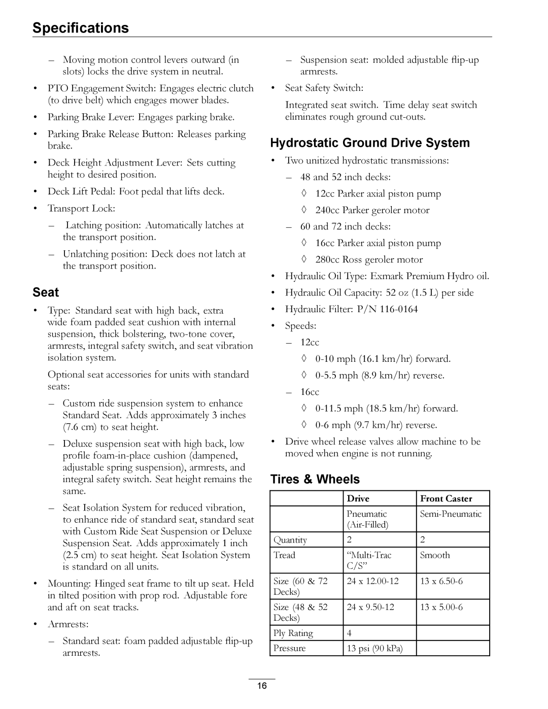 Exmark 4500-507 manual Seat, Hydrostatic Ground Drive System, Tires & Wheels 