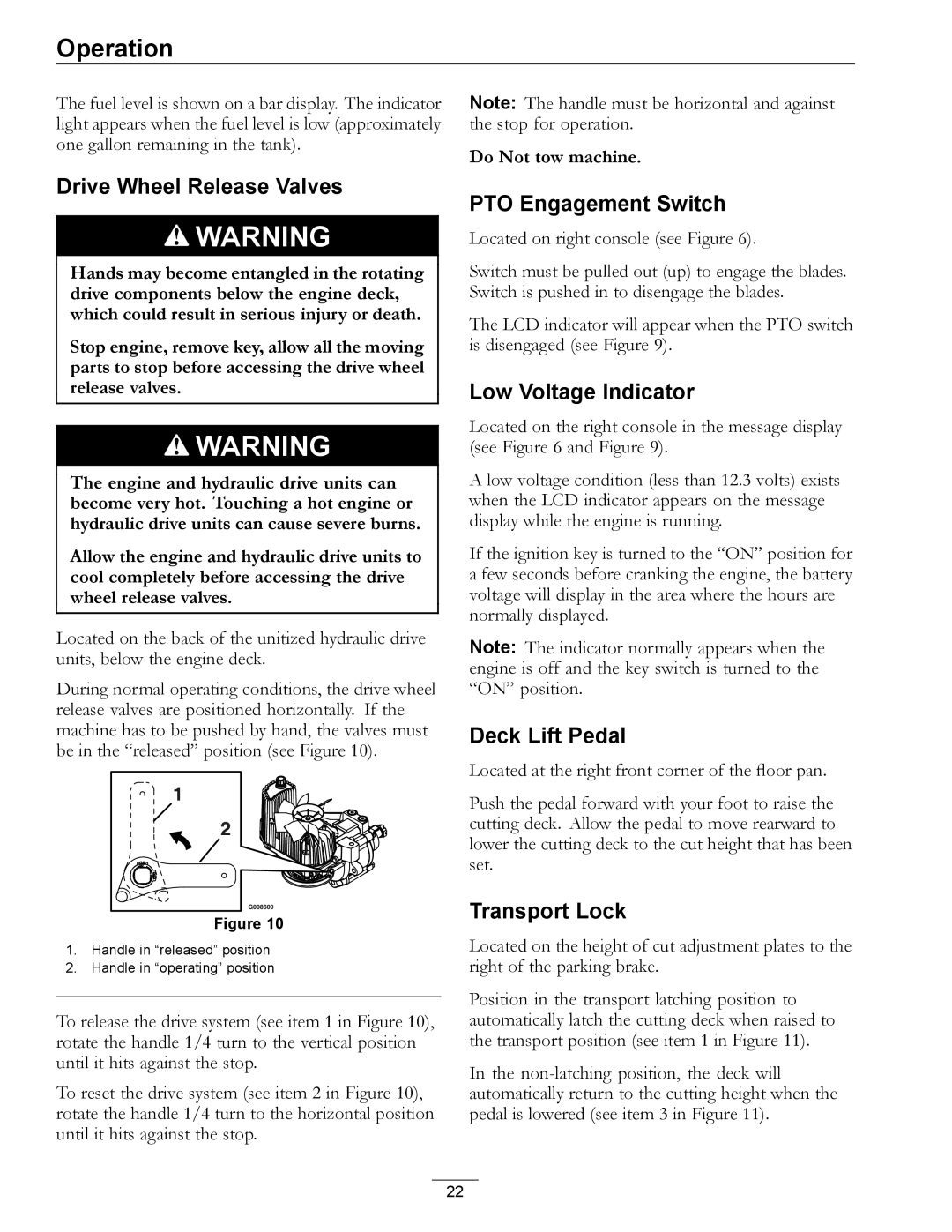 Exmark 4500-507 Drive Wheel Release Valves, PTO Engagement Switch, Low Voltage Indicator, Deck Lift Pedal, Transport Lock 