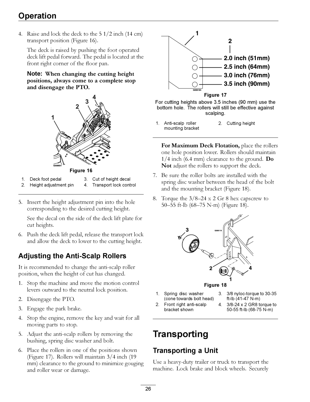 Exmark 4500-507 manual Adjusting the Anti-Scalp Rollers, Transporting a Unit 