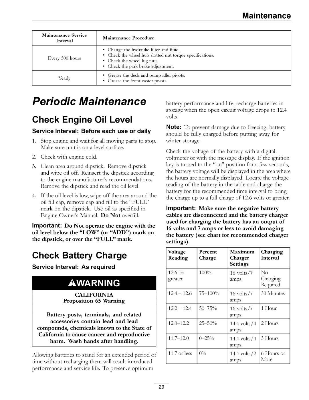 Exmark 4500-507 manual Check Engine Oil Level, Check Battery Charge 