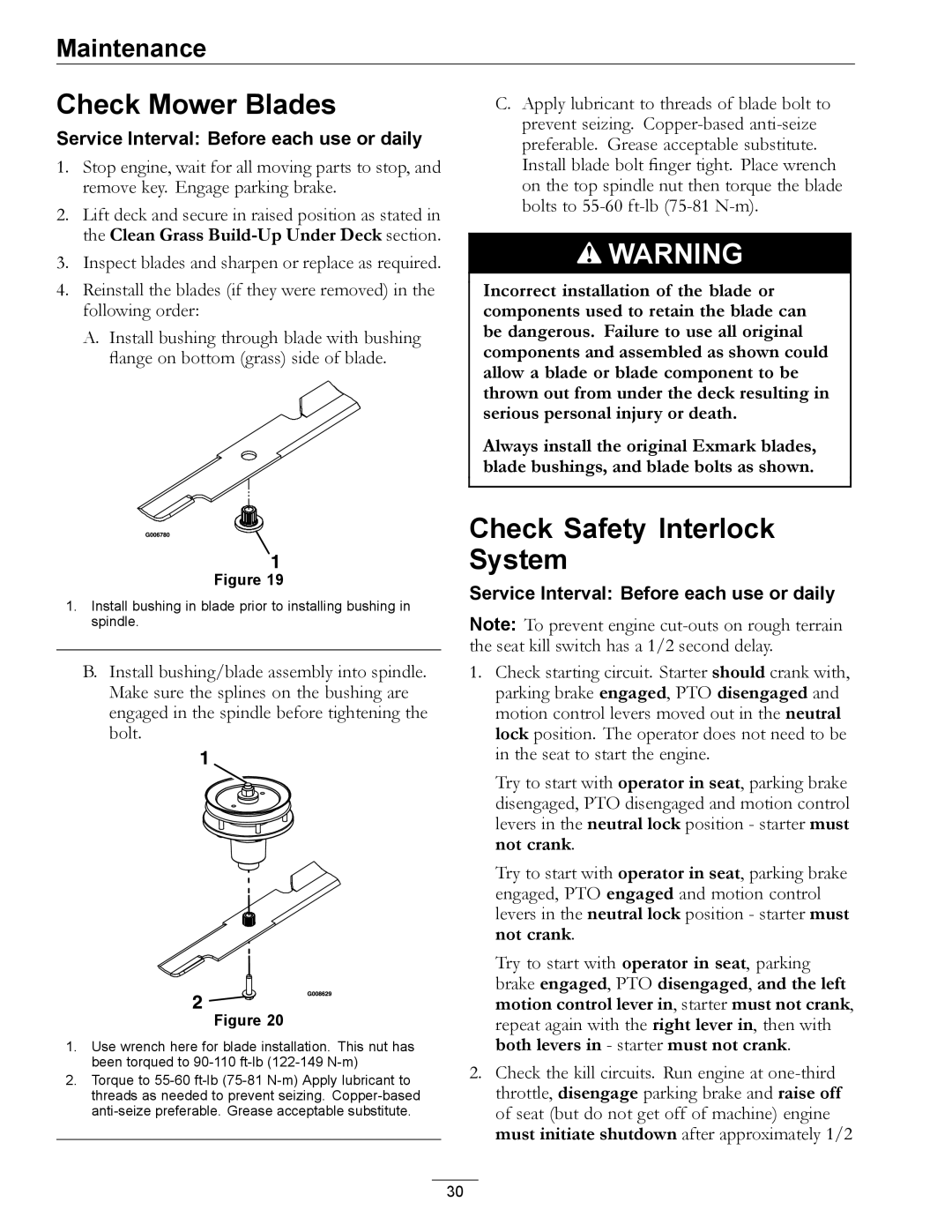 Exmark 4500-507 manual Check Mower Blades, Check Safety Interlock System 