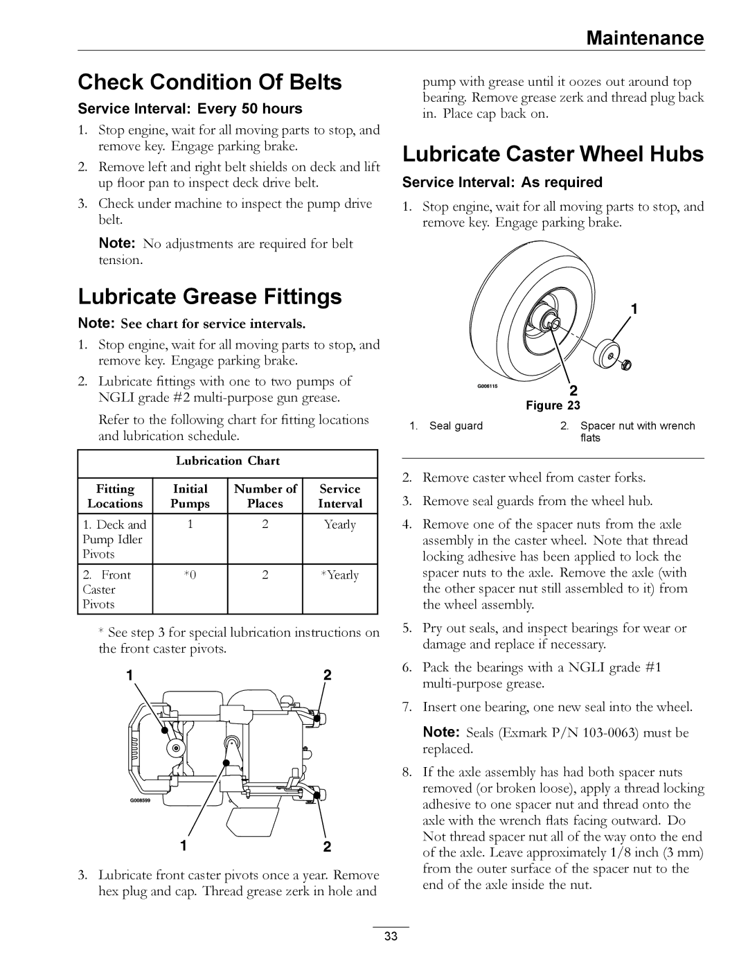 Exmark 4500-507 manual Check Condition Of Belts, Lubricate Grease Fittings, Lubricate Caster Wheel Hubs 