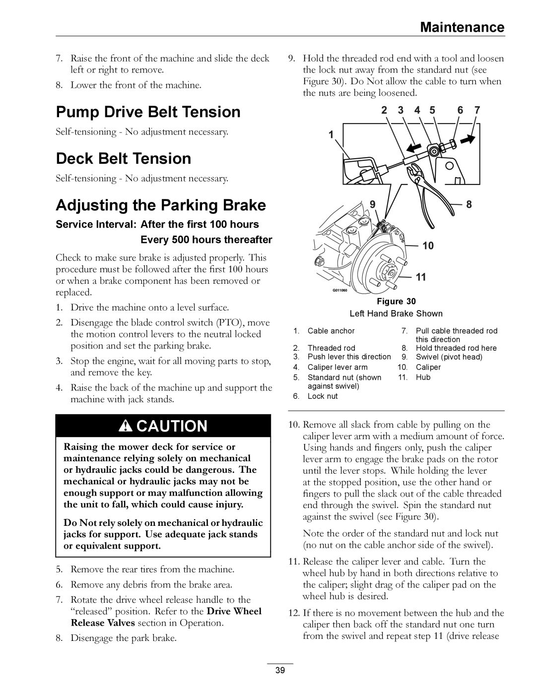 Exmark 4500-507 manual Pump Drive Belt Tension, Deck Belt Tension, Adjusting the Parking Brake 