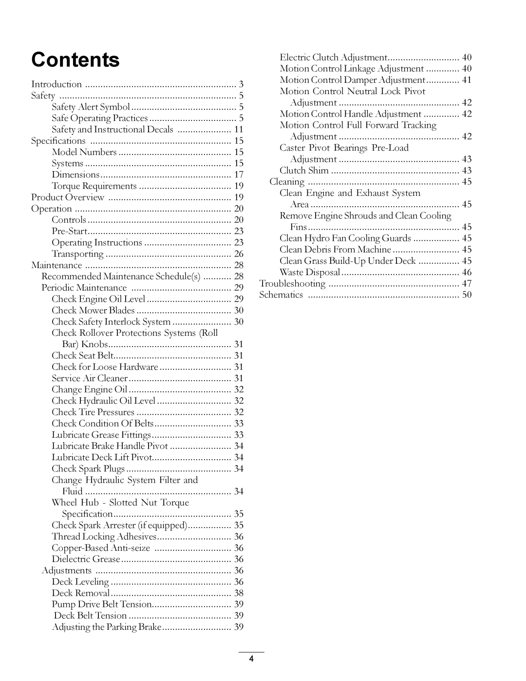 Exmark 4500-507 manual Contents 