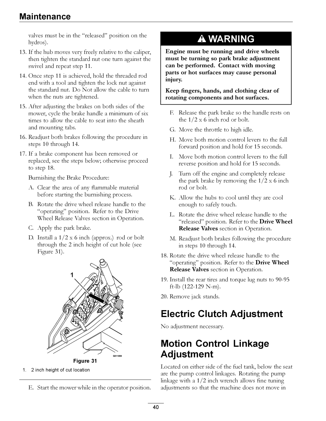 Exmark 4500-507 manual Electric Clutch Adjustment, Motion Control Linkage Adjustment 