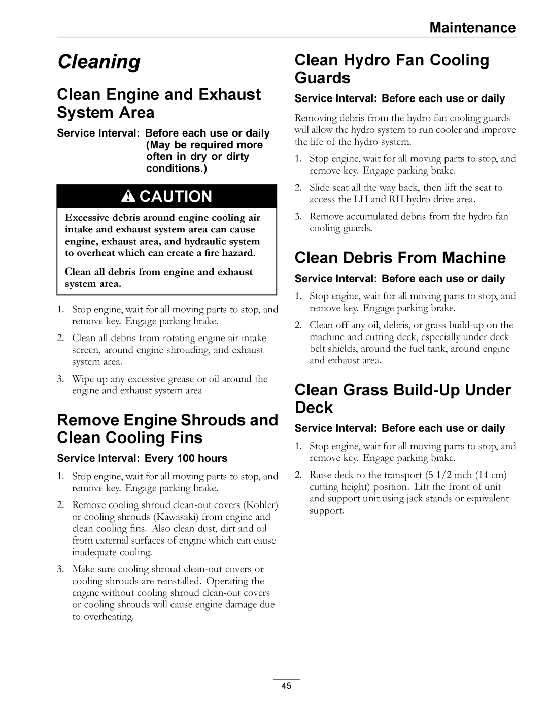 Exmark 4500-507 manual Clean Engine and Exhaust System Area, Remove Engine Shrouds and Clean Cooling Fins 