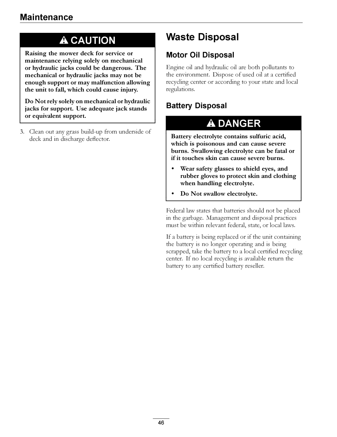 Exmark 4500-507 manual Waste Disposal, Motor Oil Disposal, Battery Disposal 