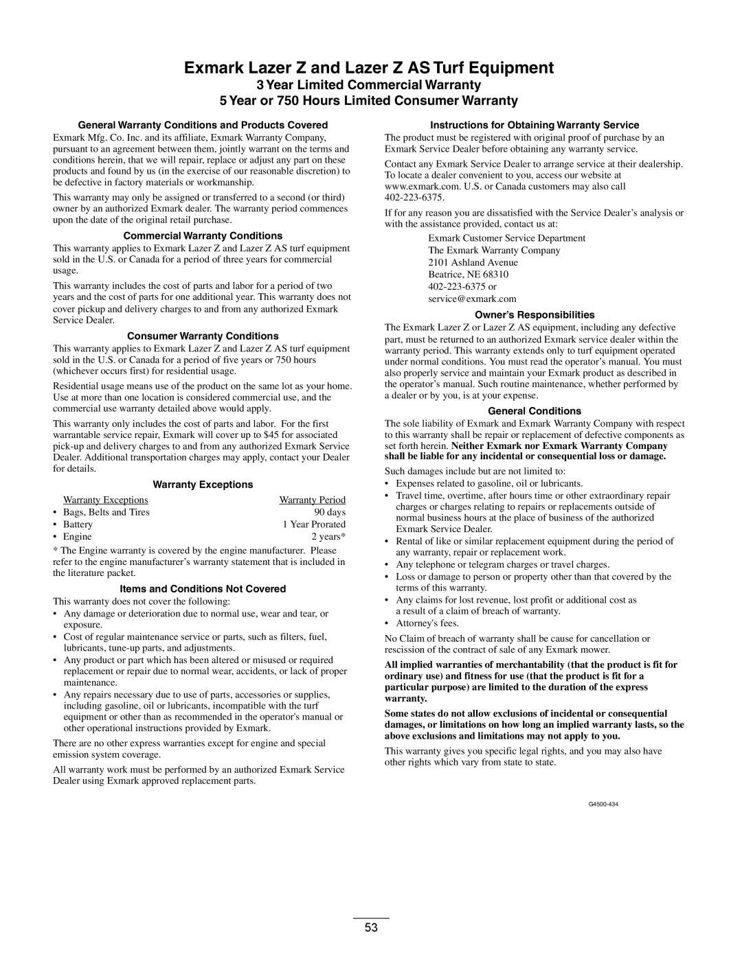 Exmark 4500-507 manual Exmark Lazer Z and Lazer Z AS Turf Equipment 