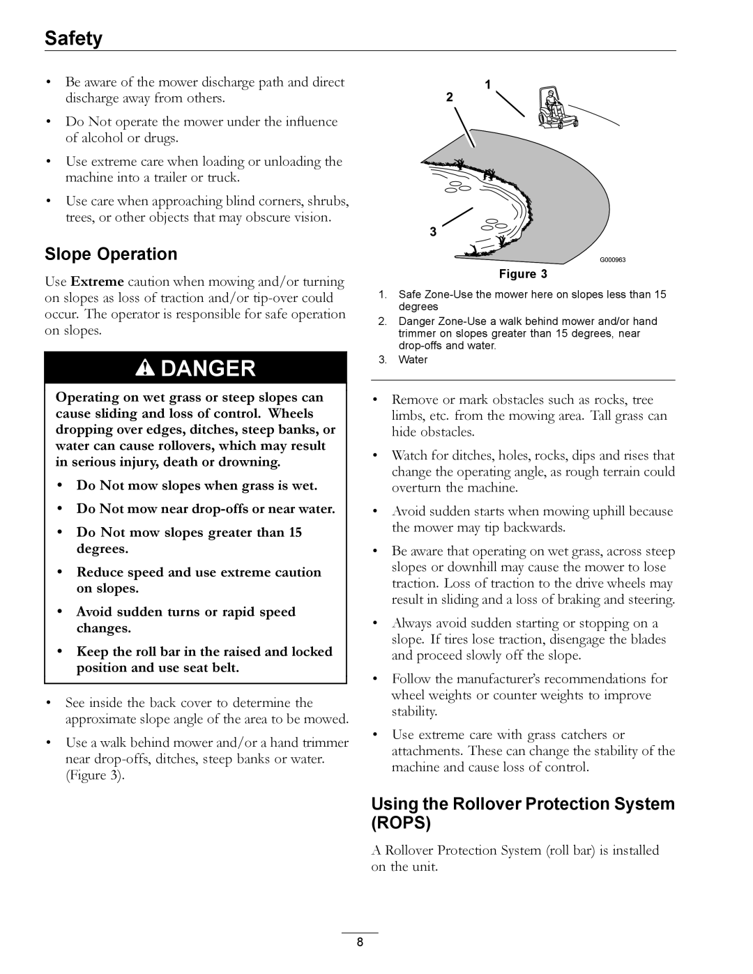 Exmark 4500-507 manual Slope Operation, Using the Rollover Protection System Rops 