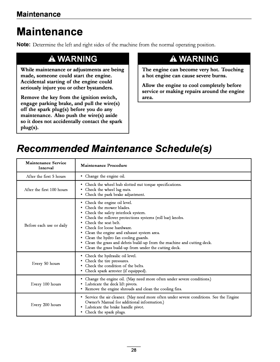 Exmark 4500-507 manual Recommended Maintenance Schedules 