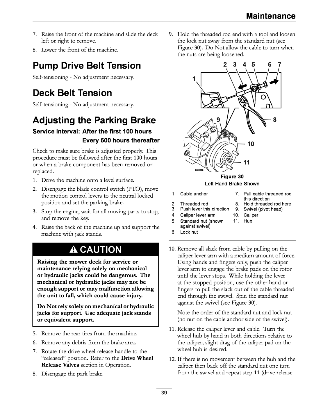 Exmark 4500-507 manual Pump Drive Belt Tension, Deck Belt Tension, Adjusting the Parking Brake, Maintenance 